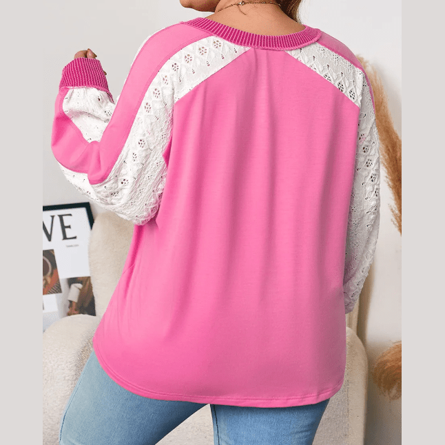 Benica Bonbon Pink Lace Striped Patchwork Long Sleeve Corded V Neck PLUS SIZE Top