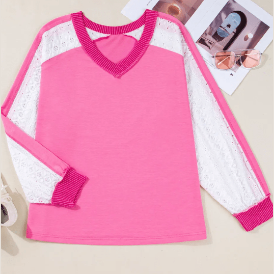 Benica Bonbon Pink Lace Striped Patchwork Long Sleeve Corded V Neck PLUS SIZE Top