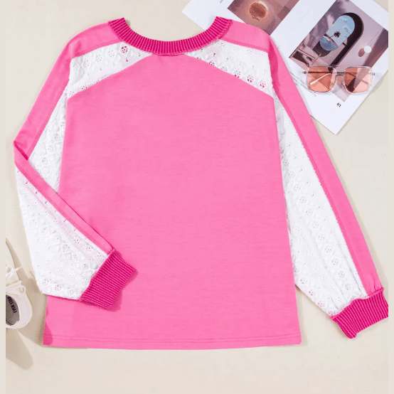 Benica Bonbon Pink Lace Striped Patchwork Long Sleeve Corded V Neck PLUS SIZE Top