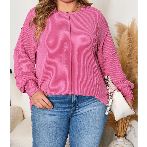 Marylan Bonbon Pink Spiral Ribbed Exposed Seam Detail Plus Size Long Sleeve Top