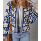 RTS Blue Flower Print Open Front Buttoned Cuffs Elegant Jacket