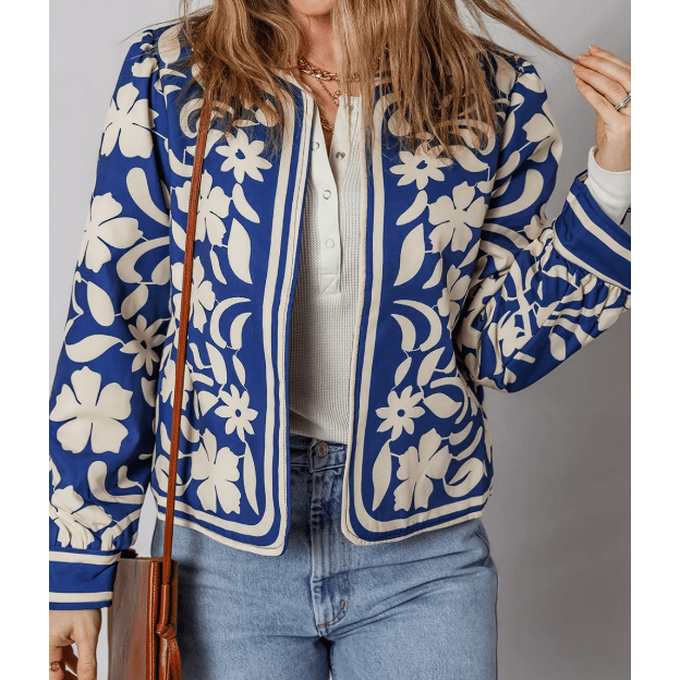 RTS Blue Flower Print Open Front Buttoned Cuffs Elegant Jacket