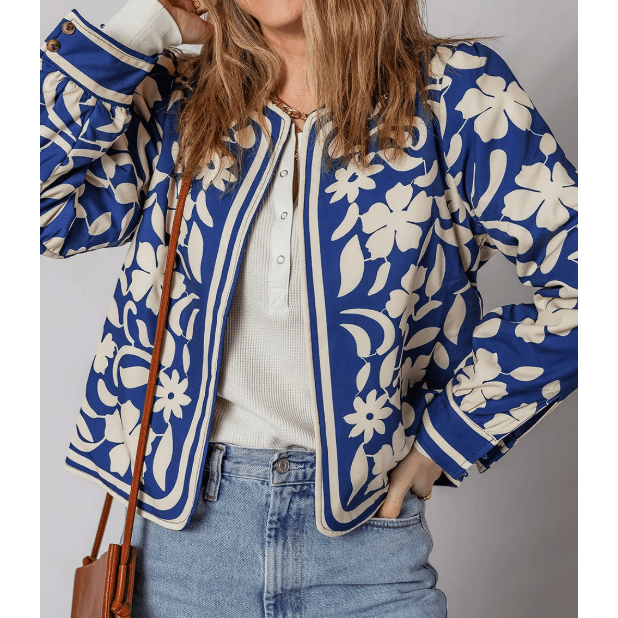 RTS Blue Flower Print Open Front Buttoned Cuffs Elegant Jacket