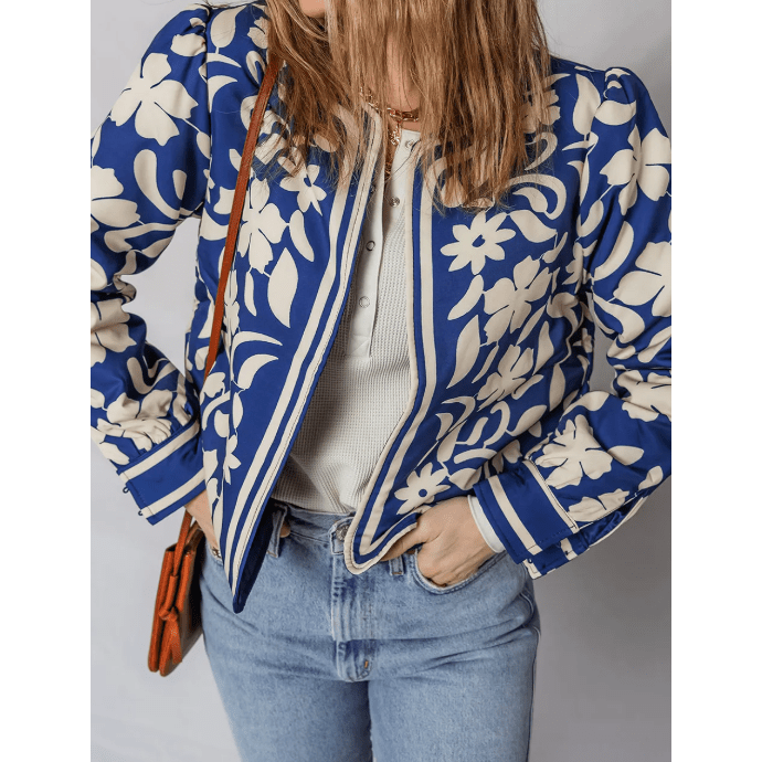 RTS Blue Flower Print Open Front Buttoned Cuffs Elegant Jacket
