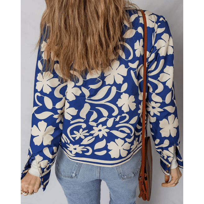 RTS Blue Flower Print Open Front Buttoned Cuffs Elegant Jacket