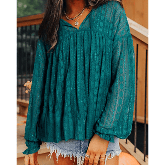 RTS Evergreen Sheer Lace Balloon Sleeve Babydoll Blouse