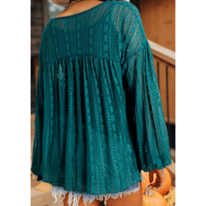 RTS Evergreen Sheer Lace Balloon Sleeve Babydoll Blouse