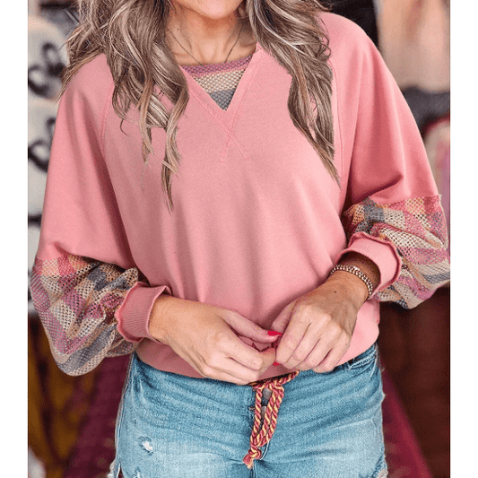 RTS Blossom Striped Mesh Sleeve Patchwork Exposed Seam Casual Pullover Top
