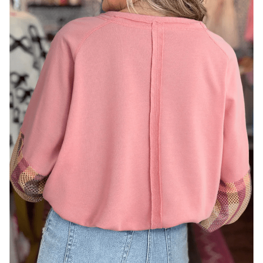 RTS Blossom Striped Mesh Sleeve Patchwork Exposed Seam Casual Pullover Top