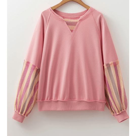 RTS Blossom Striped Mesh Sleeve Patchwork Exposed Seam Casual Pullover Top