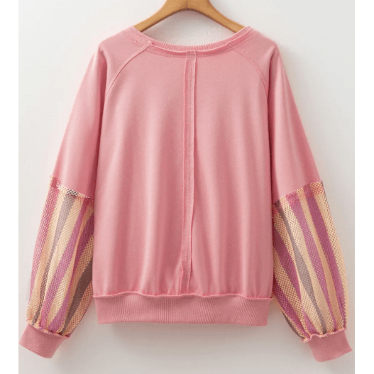 RTS Blossom Striped Mesh Sleeve Patchwork Exposed Seam Casual Pullover Top