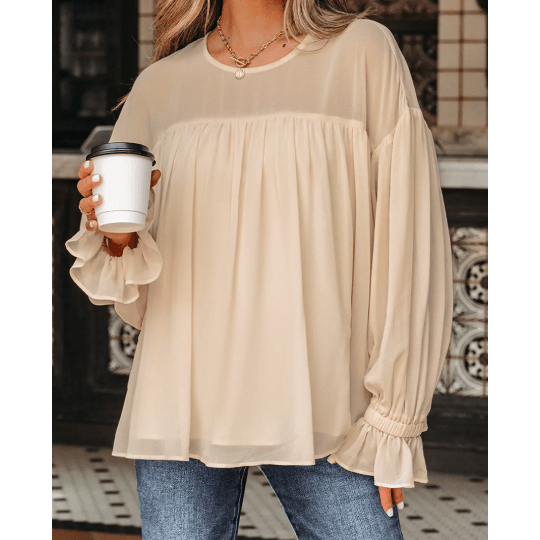 RTS Parchment Pleated Ruffle Long Sleeve Chiffon Blouse