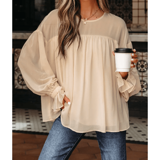 RTS Parchment Pleated Ruffle Long Sleeve Chiffon Blouse