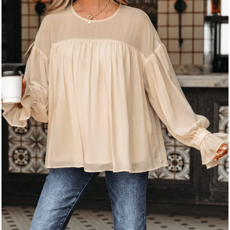 RTS Parchment Pleated Ruffle Long Sleeve Chiffon Blouse