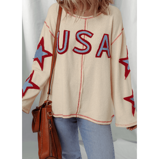 Beige USA Star Contrast Patchwork Exposed Seam Long Sleeve Top