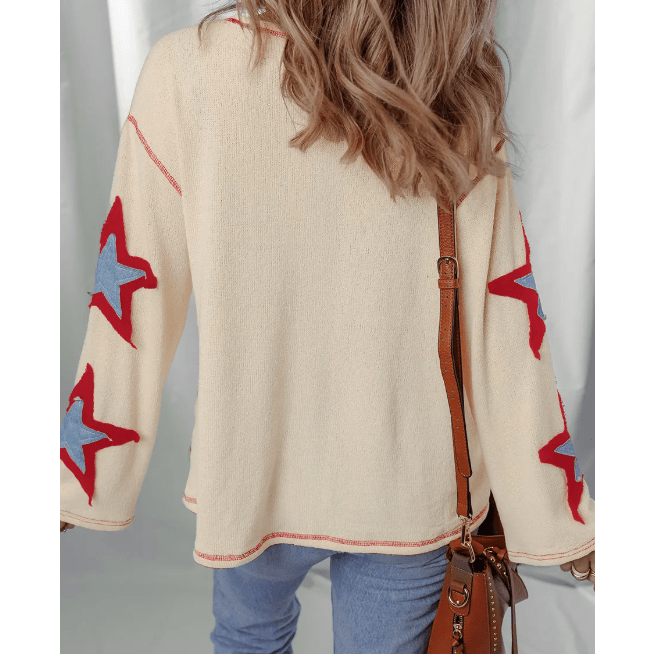Beige USA Star Contrast Patchwork Exposed Seam Long Sleeve Top