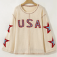 Beige USA Star Contrast Patchwork Exposed Seam Long Sleeve Top