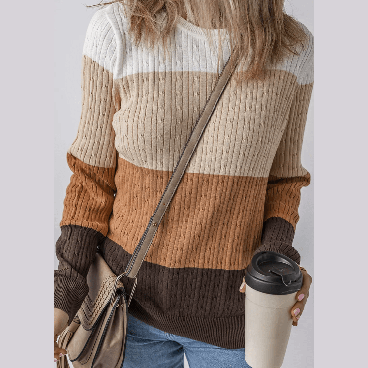 Keyla Khaki Colorblock Cable Knit Round Neck Sweater