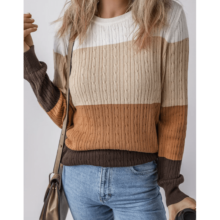 Keyla Khaki Colorblock Cable Knit Round Neck Sweater