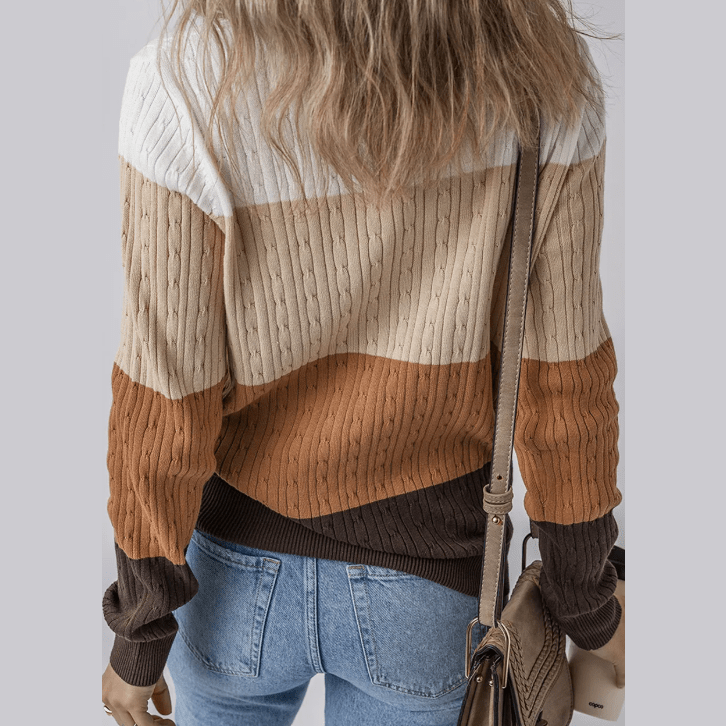 Keyla Khaki Colorblock Cable Knit Round Neck Sweater