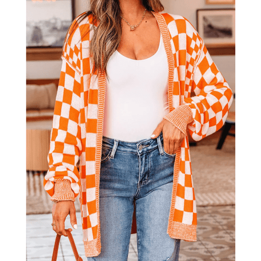 Cammie Orange Checkered Open Front Drop Shoulder Cardigan