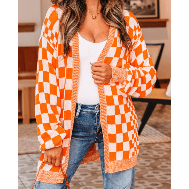 Cammie Orange Checkered Open Front Drop Shoulder Cardigan