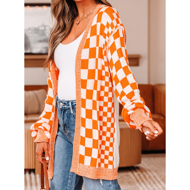 Cammie Orange Checkered Open Front Drop Shoulder Cardigan