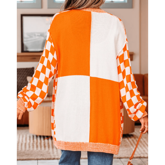 Cammie Orange Checkered Open Front Drop Shoulder Cardigan