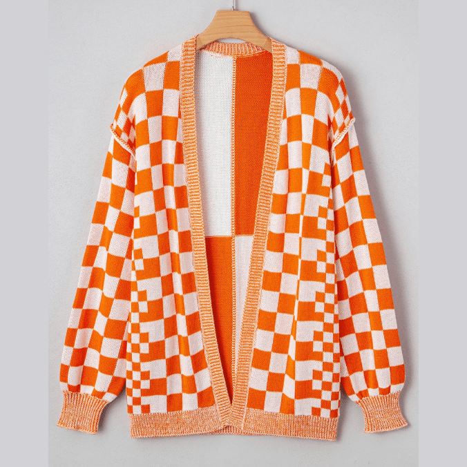 Cammie Orange Checkered Open Front Drop Shoulder Cardigan