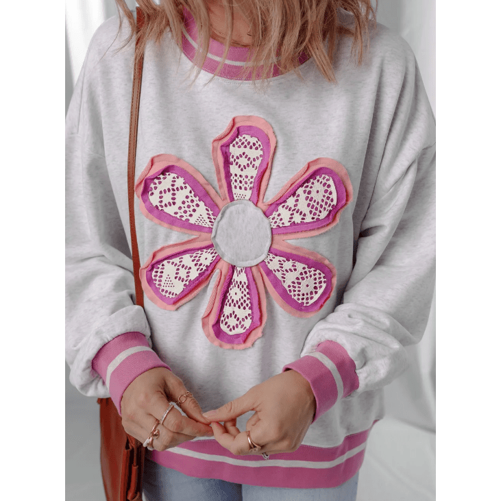 Gayle Flower Patch Contrast Trim Crew Neck Sweatshirt