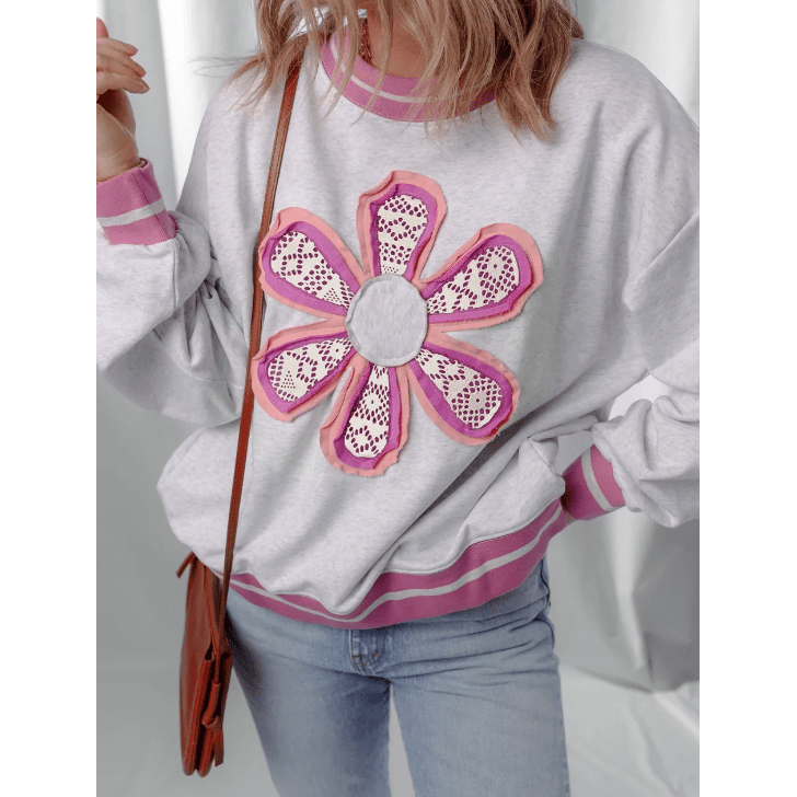 Gayle Flower Patch Contrast Trim Crew Neck Sweatshirt