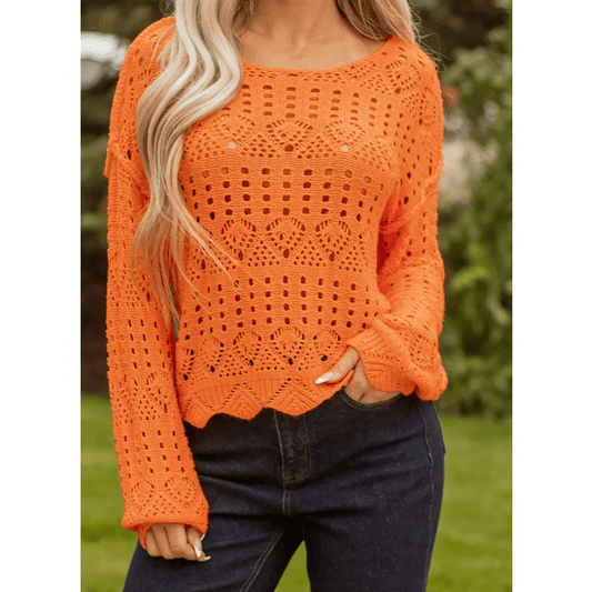 Dottie Carrot Orange Open Crochet Scallop Edge Sweater