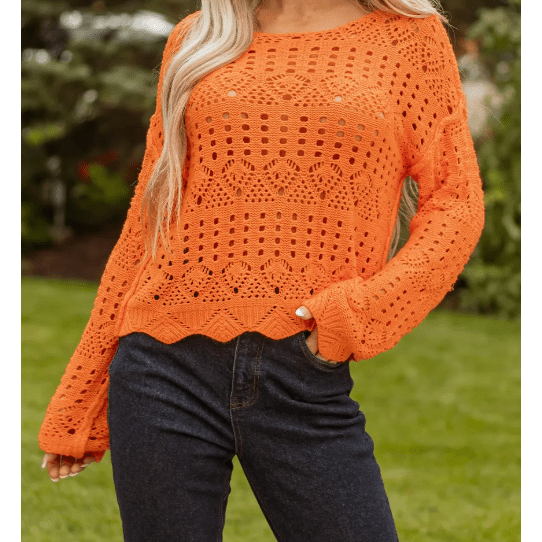 Dottie Carrot Orange Open Crochet Scallop Edge Sweater