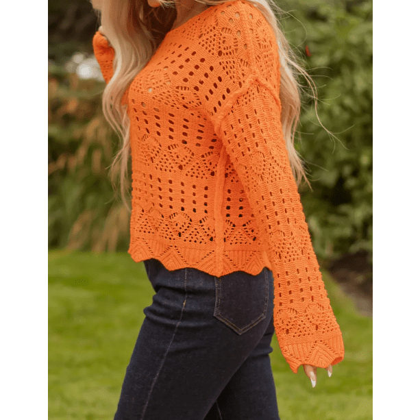 Dottie Carrot Orange Open Crochet Scallop Edge Sweater