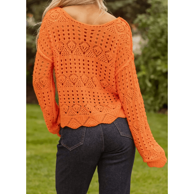 Dottie Carrot Orange Open Crochet Scallop Edge Sweater