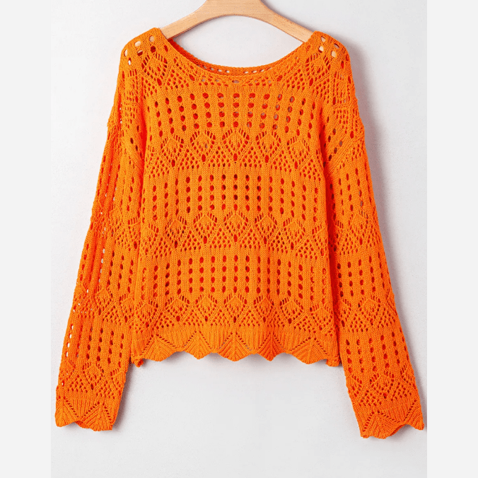 Dottie Carrot Orange Open Crochet Scallop Edge Sweater