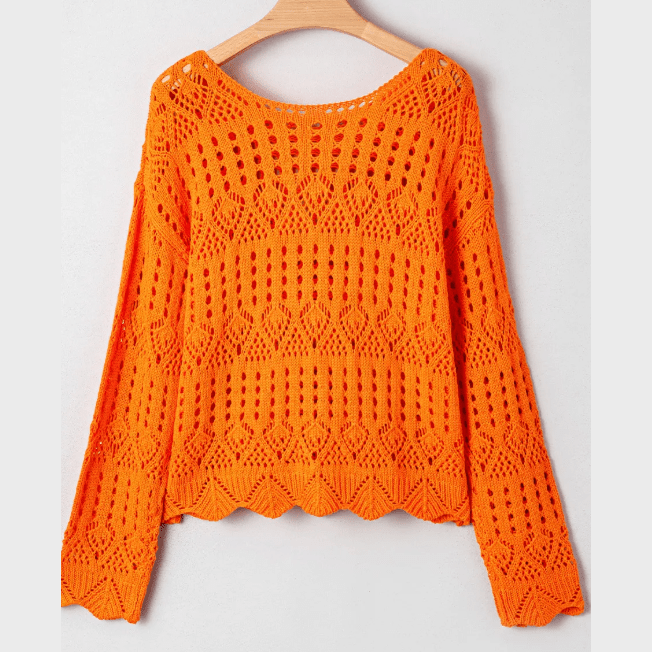 Dottie Carrot Orange Open Crochet Scallop Edge Sweater
