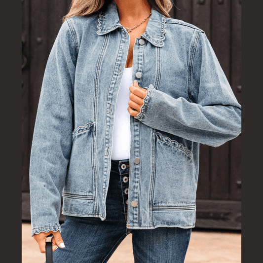 Jodi Scallop Trim Collar Patched Pocket Button Up Denim Jacket