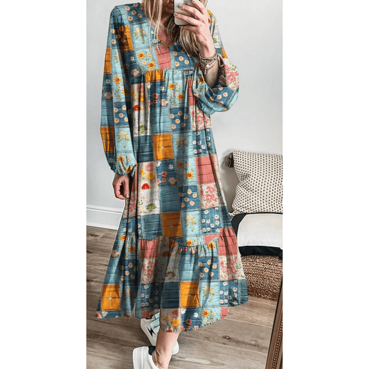 Channing Sky Blue Mix Floral Checkered Pattern Bubble Sleeve Ruffle Hem Dress
