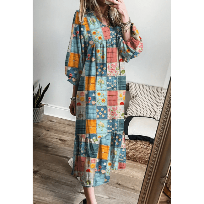 Channing Sky Blue Mix Floral Checkered Pattern Bubble Sleeve Ruffle Hem Dress