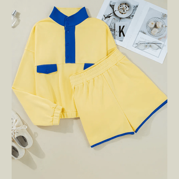 Misha Yellow Color Block Patchwork Half Button Pullover and Shorts 2pcs Outfit