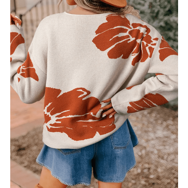 Haven Orange Bold Flower Pattern Wide Sleeve Baggy Sweater