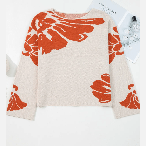 Haven Orange Bold Flower Pattern Wide Sleeve Baggy Sweater