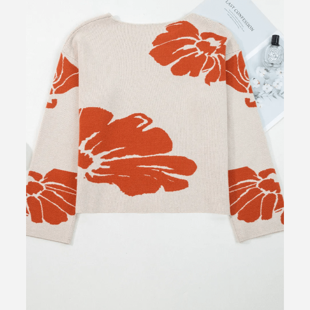 Haven Orange Bold Flower Pattern Wide Sleeve Baggy Sweater