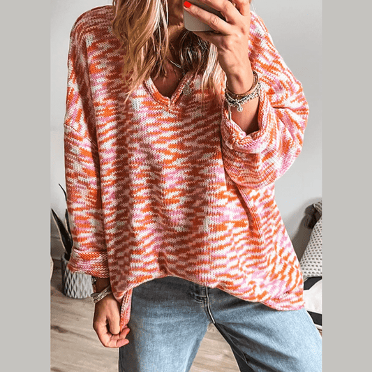Angelou Orange Vibrant Abstract Print Drop Shoulder V Neck Tunic Oversized Sweater