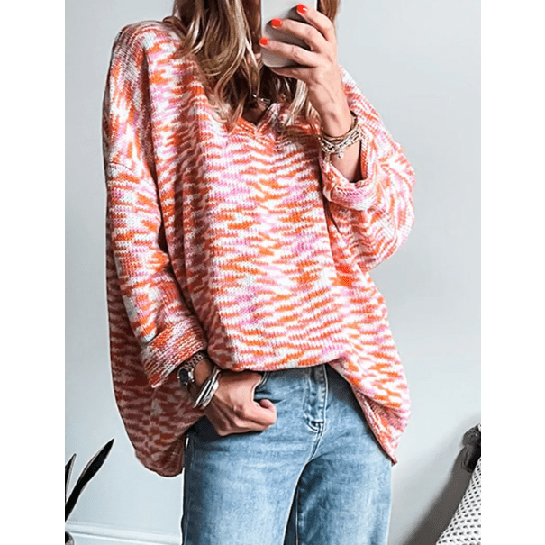 Angelou Orange Vibrant Abstract Print Drop Shoulder V Neck Tunic Oversized Sweater