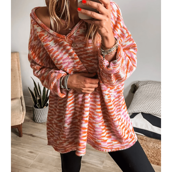 Angelou Orange Vibrant Abstract Print Drop Shoulder V Neck Tunic Oversized Sweater