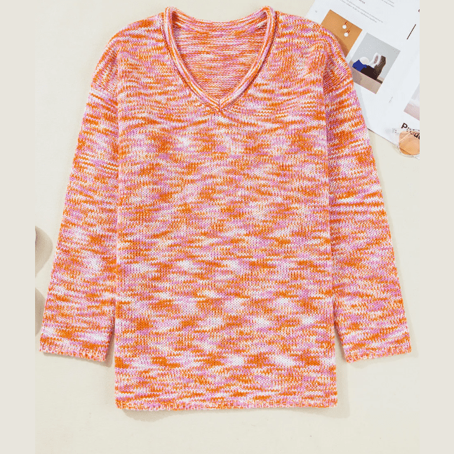 Angelou Orange Vibrant Abstract Print Drop Shoulder V Neck Tunic Oversized Sweater