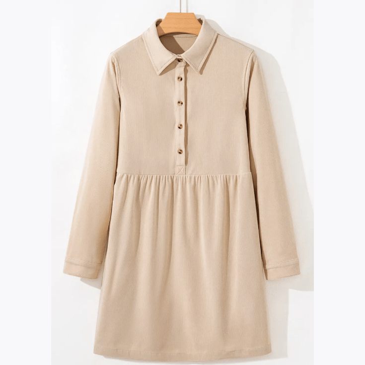 Murray Oatmeal Corduroy Half Button Collared Long Sleeve Mini Dress