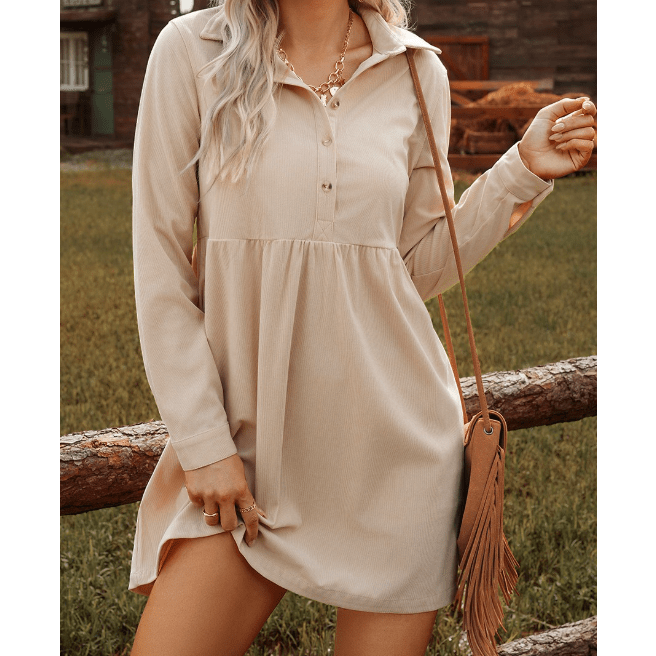 Murray Oatmeal Corduroy Half Button Collared Long Sleeve Mini Dress